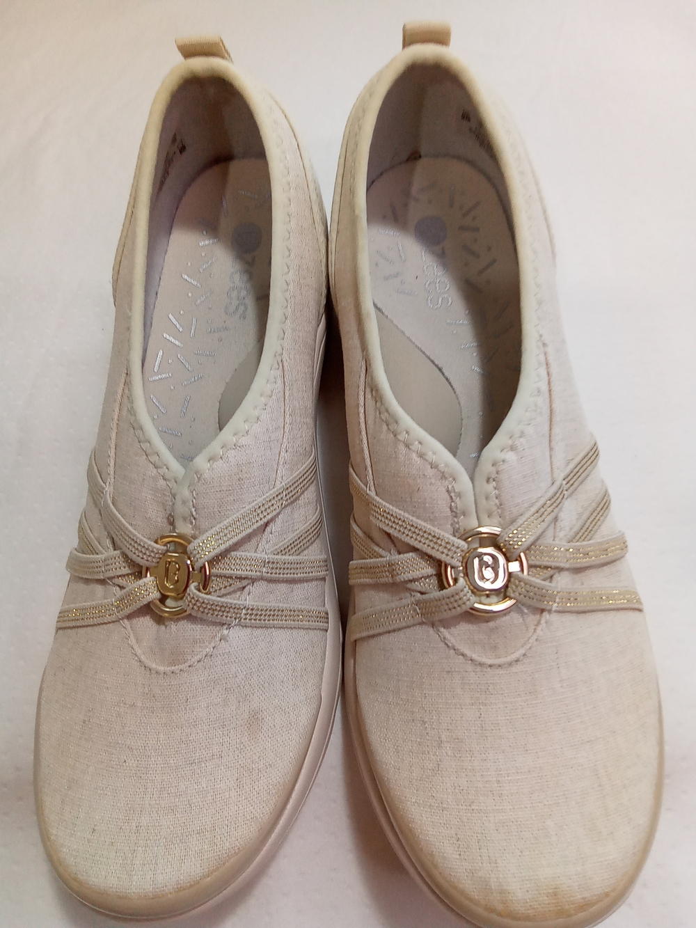 Bzees Cream Slip-On Loafers with Gold Accent